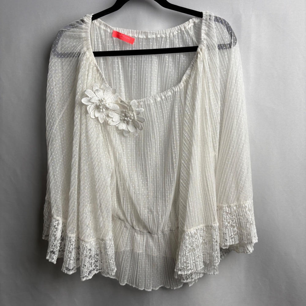 Meryl Street Paris White Sheer Dobby Dot Lace Floral Blouse France Coquette